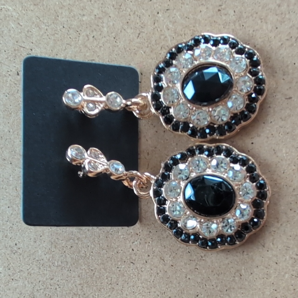 Black and Gold Statement Earrings with Crystal Accents
